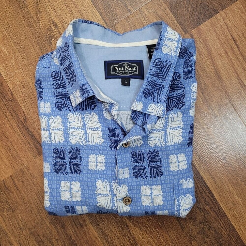 Nat Nast‎ Shirt Mens Large Button Up Blue Pocket Silk Camp Vacation Hawaiian